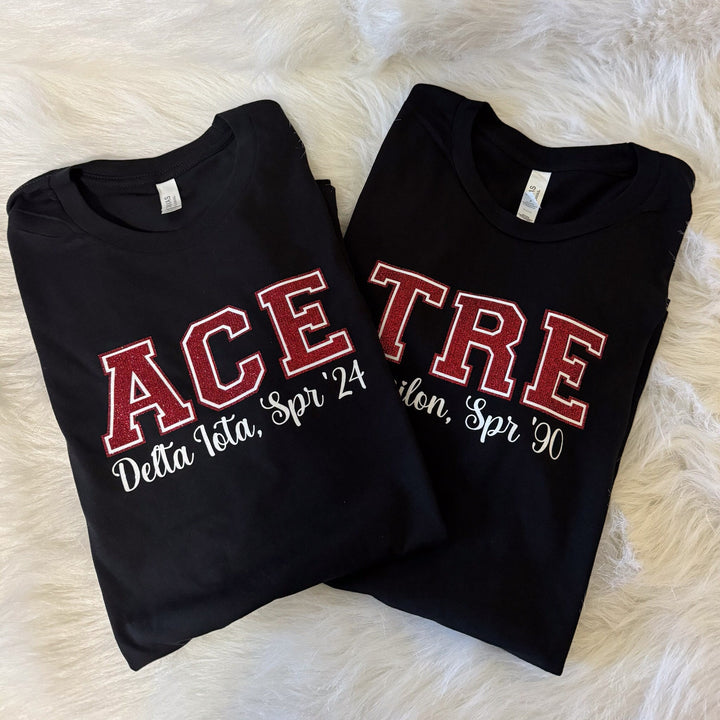 Crimson and Cream Short-Sleeve Line Number and Chapter Shirt | Red and White glitter Line Number Short-Sleeve