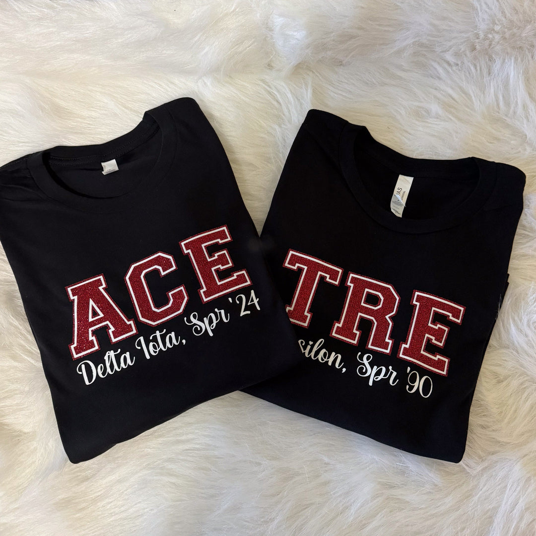 Crimson and Cream Short-Sleeve Line Number and Chapter Shirt | Red and White glitter Line Number Short-Sleeve