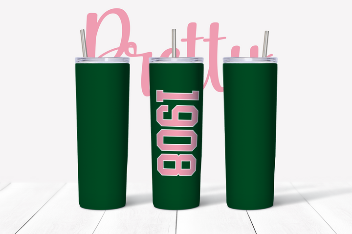 Pink and Green 1908 20 oz Stainless Steel Tumbler.